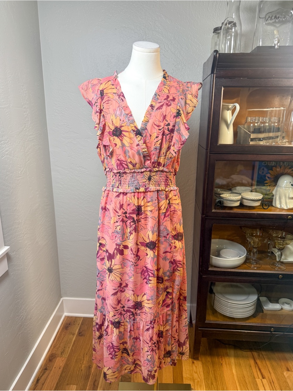 PAIGE Silk Floral Ruffle Midi Dress Pink Flutter Sleeve Smocked Waist Size L